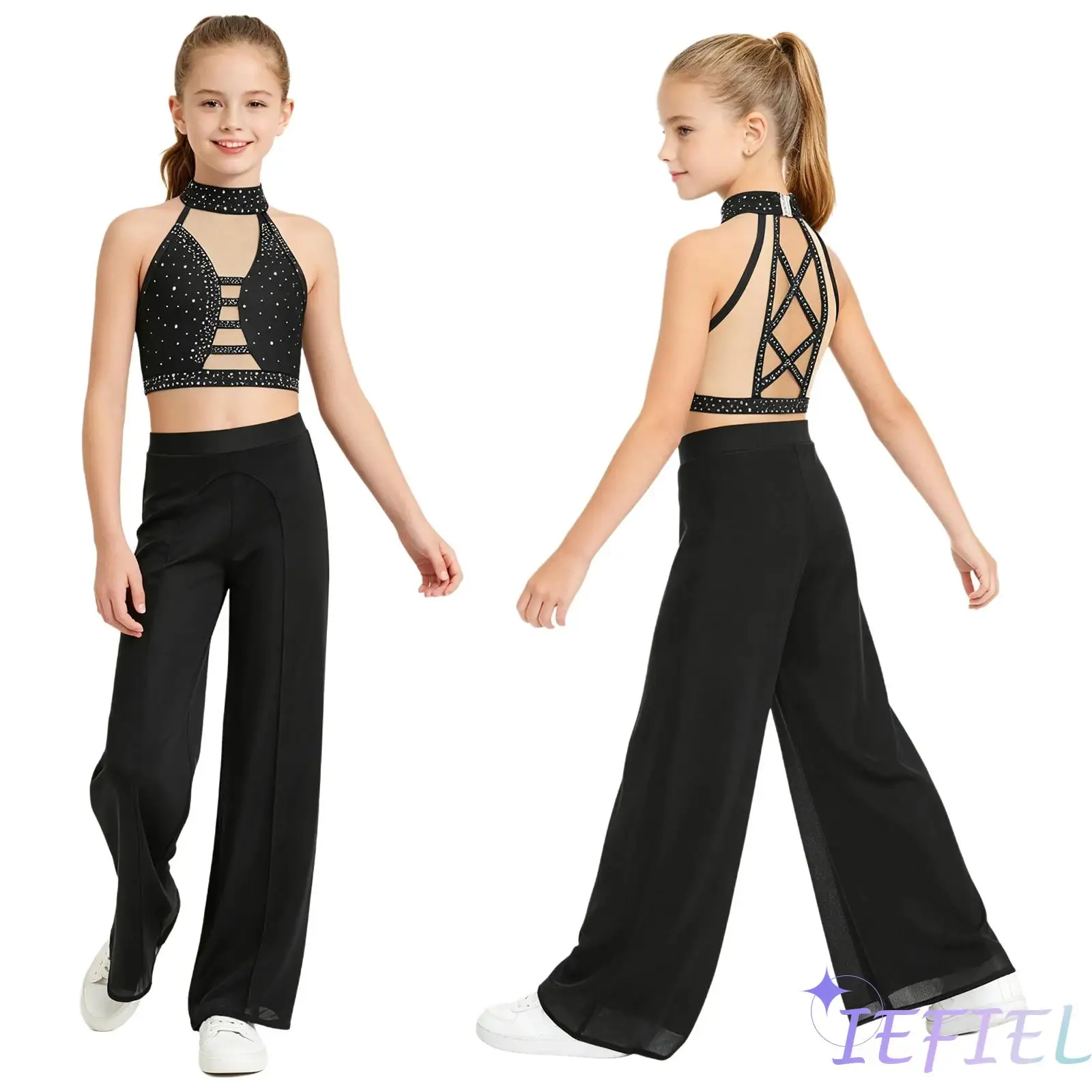 Kids Lyrical Gymnastics Dance Outfit Halter Crisscross Back Rhinestone Crop Top and Wide Leg Mesh Pants for Latin Dance Training