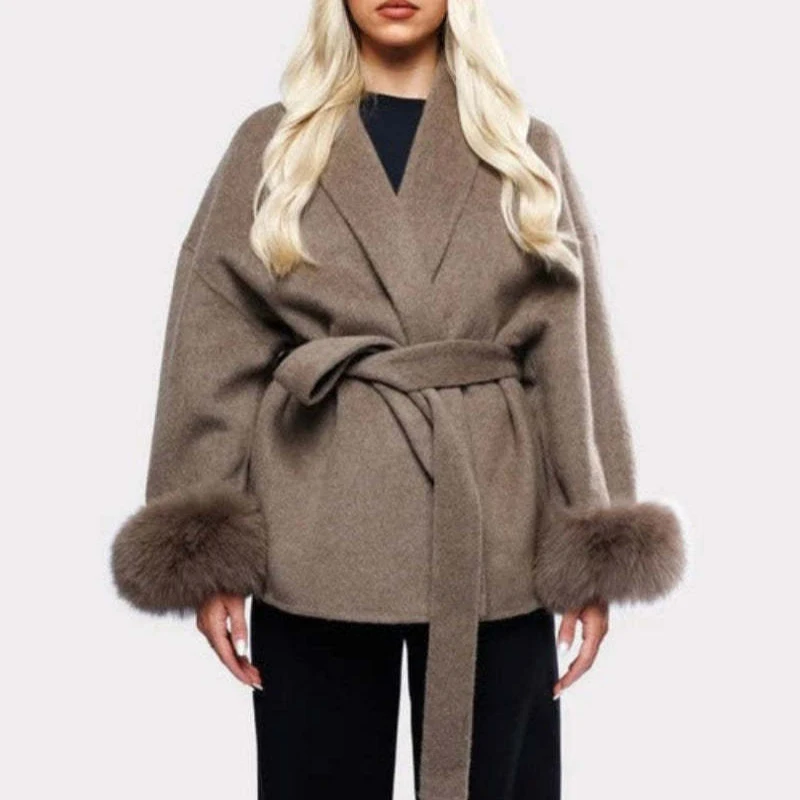 Mode Revers Kurzen Mantel mit Gürtel Neue Feste Pelz Patchwork Spitze Up Oberbekleidung Frauen Woolen Jacke Herbst Dame Strickjacke Elegante