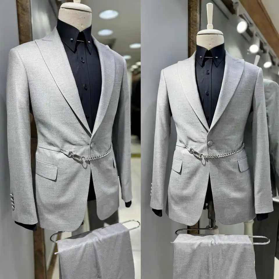 

Casual Men Suits 3 Pieces Jacket Pants Peaked Lapel Single Breasted Spring Autumn Outwear With Belt Formal Occasion Customized