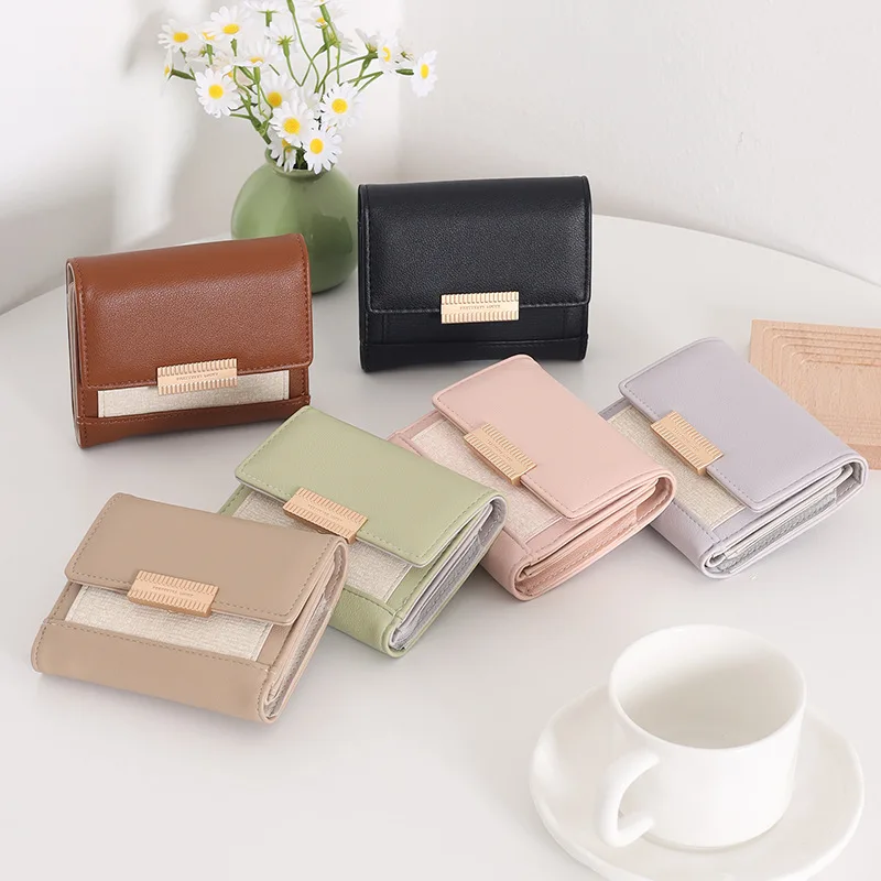 

PU leather short girls' wallet, solid color three-fold large capacity PU hand-held wallet, student coin purse