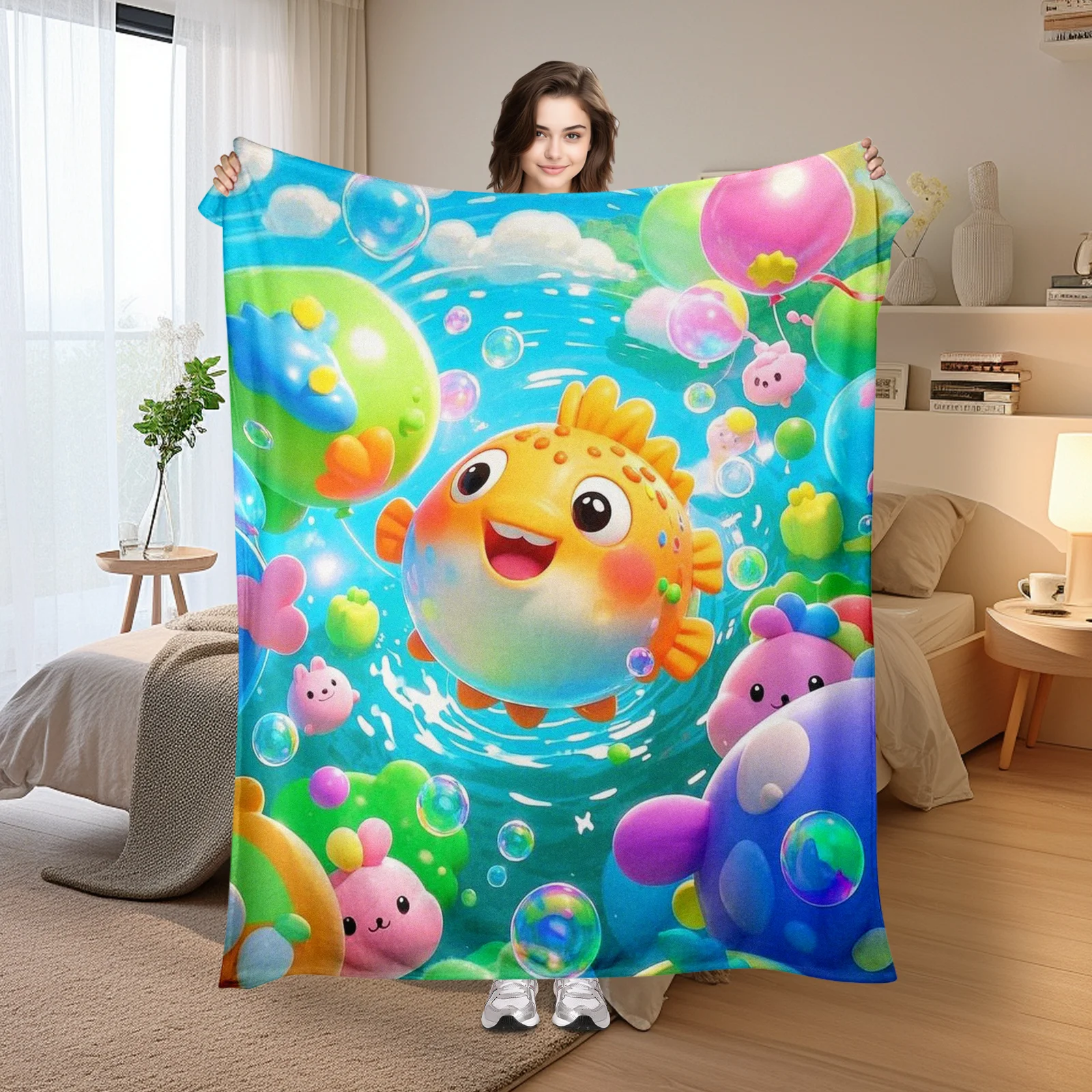 Cartoon Pufferfish Funny Green Balloon Themed Blanket For Whimsical Home Decor And Unique Gift Inspiration