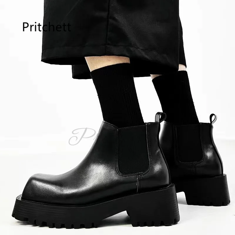 

Thick Bottom Square Toe Ankle Boots for Men Women Black British Style Slip On Chelsea Neutral Couple Shoes Wear-Resistant