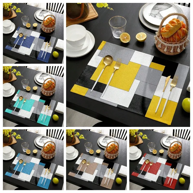 4/6/8Pcs Black and Grey Placemat Heat Insulated Non-Slip Modern Abstract Geometric Table Mat for Wedding Holiday Party Decor