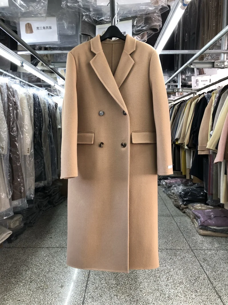 Korean Fashion Double Breasted Long Wool Shoulder Pad Blue Coat Women Elegant Beige Autumn Winter Jacket Long Beautiful