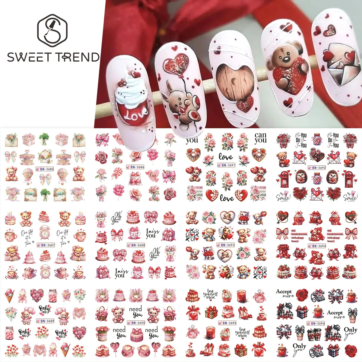 12pcs Adorable Valentine's Element Transfer Nail Sliders Bear Cake Heart Rose Letter Foils Wraps Holiday Gift Stickers Manicure