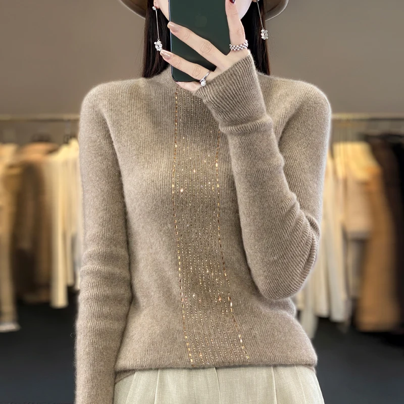 Spring and Autumn New 100% Wool Sweater Women\'s Knitted Half High Collar Hoodie Slim Fit Fashion First Line Hot Stamped Tops