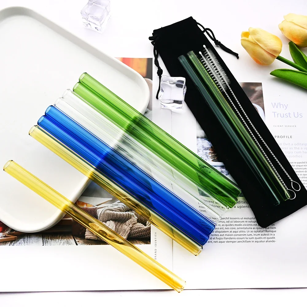 Reusable Glass Straws 200mm Straight Glass Drinking Straws 10 Pack with 2 Brushes 1 Bag Smooth for Beverages Shakes Milk Tea