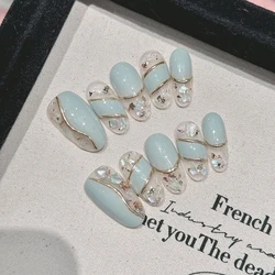 10pcs Vintage Handmade False Nails Ice Transparent Mint Green Gold Border Designs Press On Nail European Wearable Fake Nail Tips