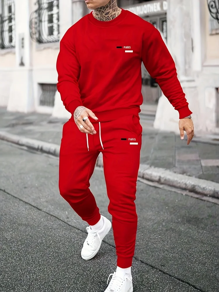 Fall New Arrival Men's Fashion Set 3D Trendy Letter Print Crew Neck Long Sleeve Top With Tapered Pants Outdoor Two-Piece Set