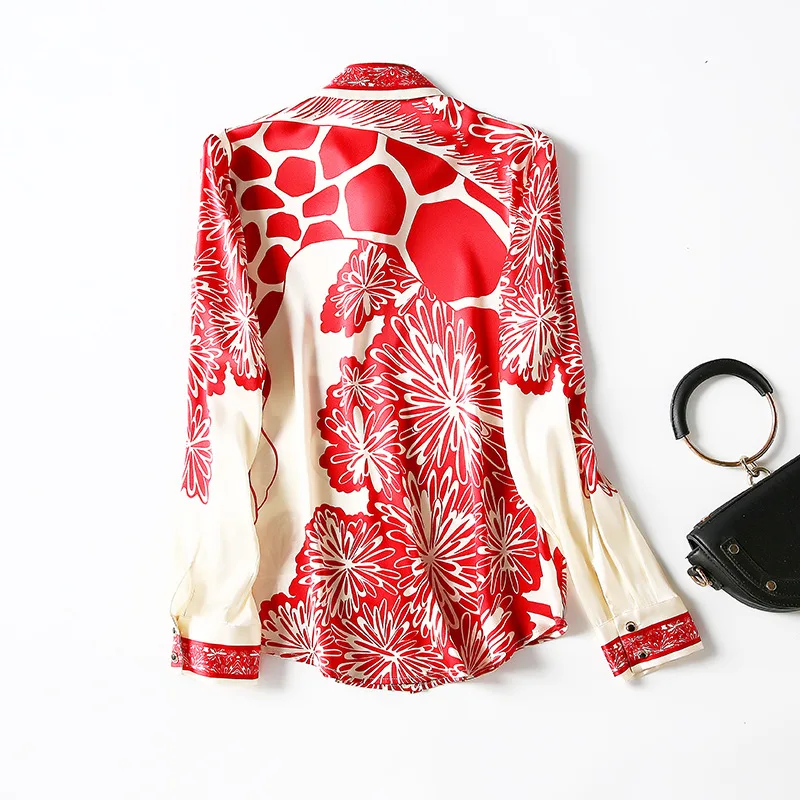 Birdsky, 1PC Women shirts tops shirt long sleeve top 19MM 100% real mulberry silk giraffe animal, S-648