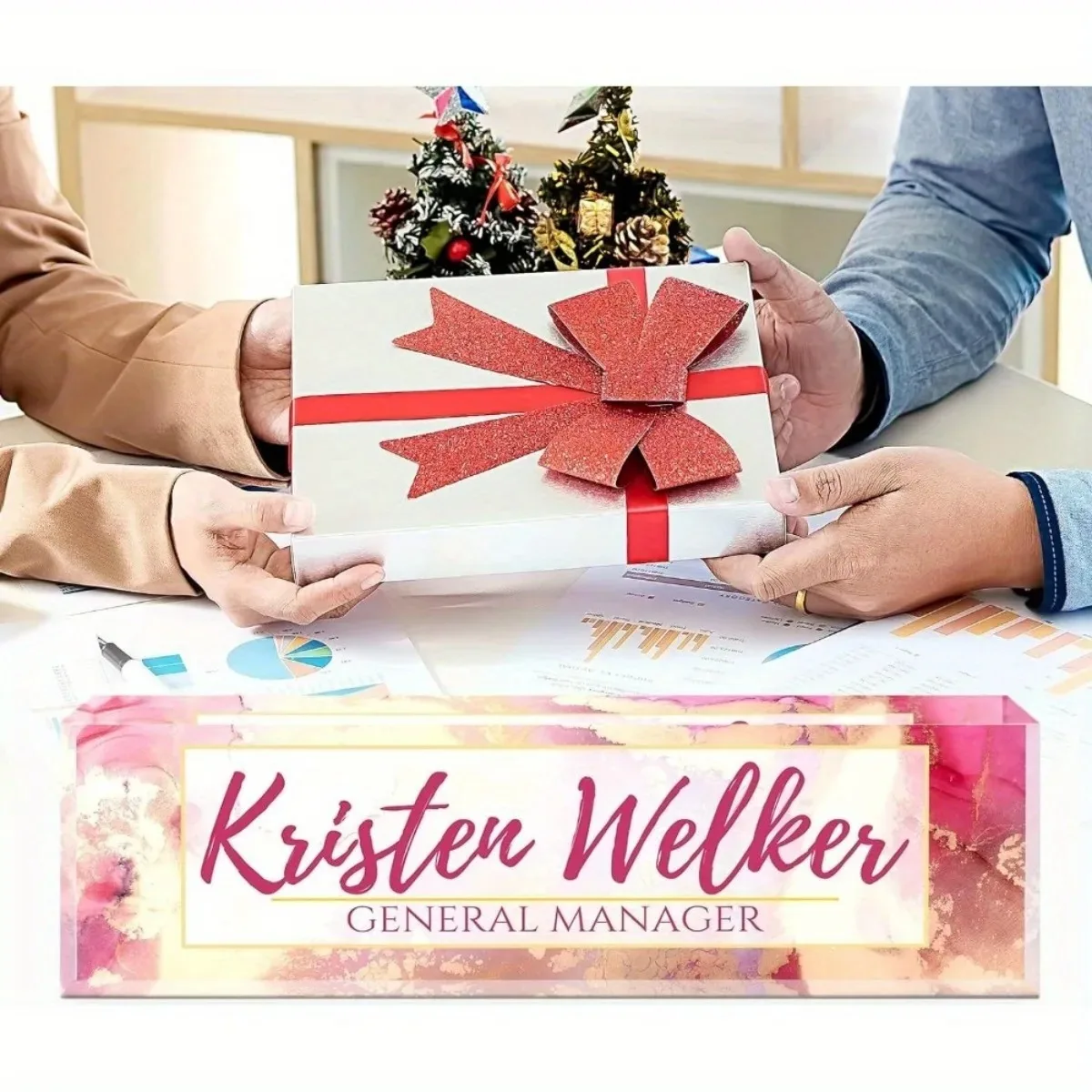 Custom 2D Flat Pink Floral Acrylic Desk Nameplate Elegant Home Office Decor (Only Decoration)