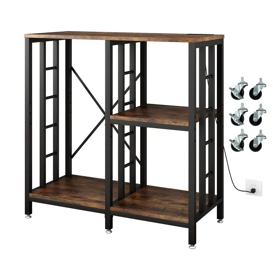 Kitchen Bakers Rack with Power Outlet,4Tier Microwave Stand Kitchen Cart,Mini Fridge Stand with Storage,Bar Cabinet,Suitable for