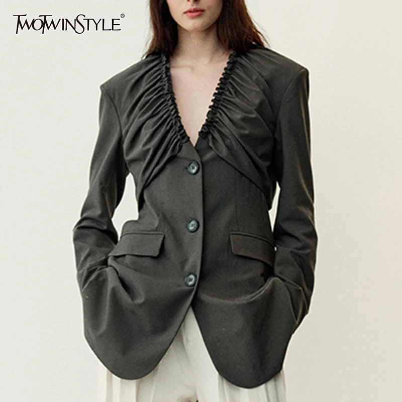 

TWOTWINSTYLE Solid Spliced Folds Blazer For Women V Neck Long Sleeve Patchwork Single Breasted Minimalist Chic Blazers Female