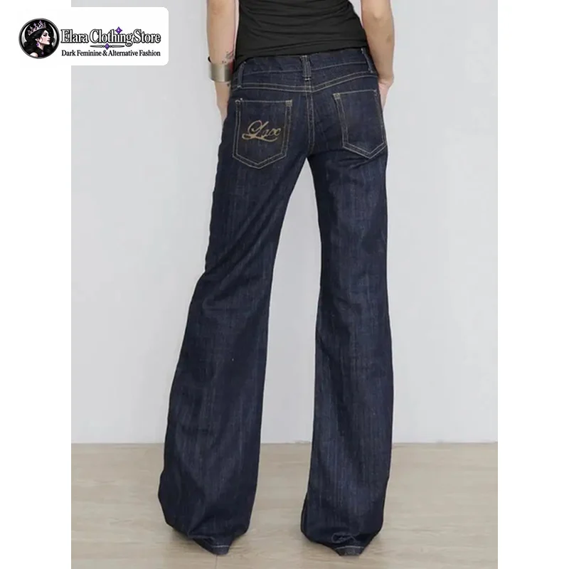 Womens Y2K Low Rise Flared Jeans Slim Fit Dark Blue Denim Pants Vintage Washed Bell Bottom Trousers Streetwear with Pockets