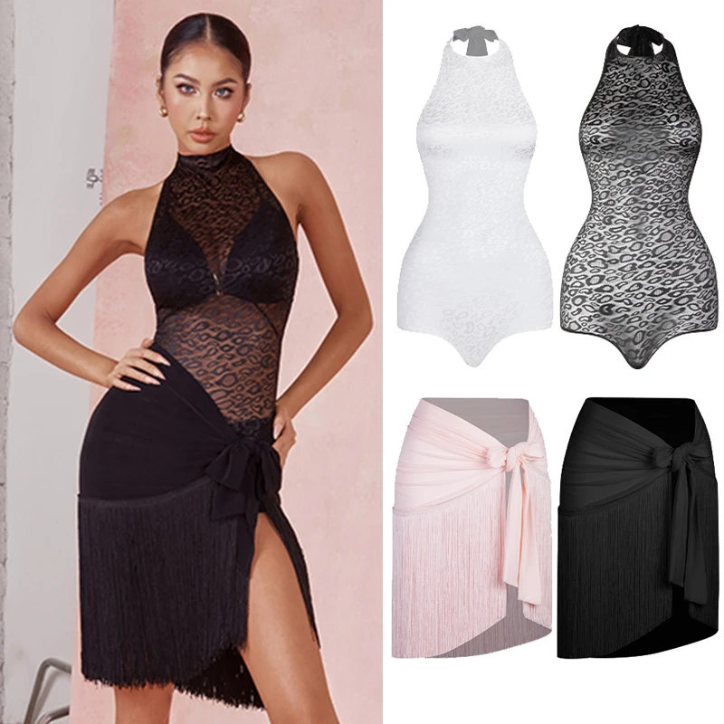 

Latin Dance Clothes Women Summer Practice Dress Leopard Tops Fringe Skirt Cha Cha Rumba Samba Performance Costume