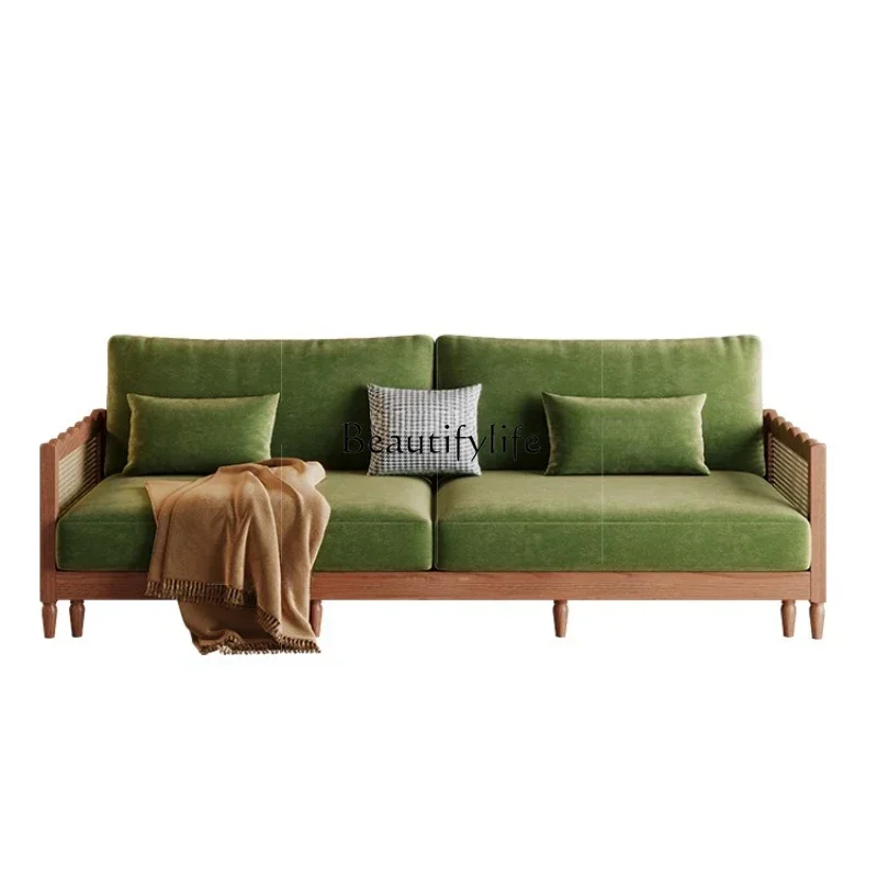 

ls 35Solid wood sofa living room three-person straight row simple French retro fabric sofa