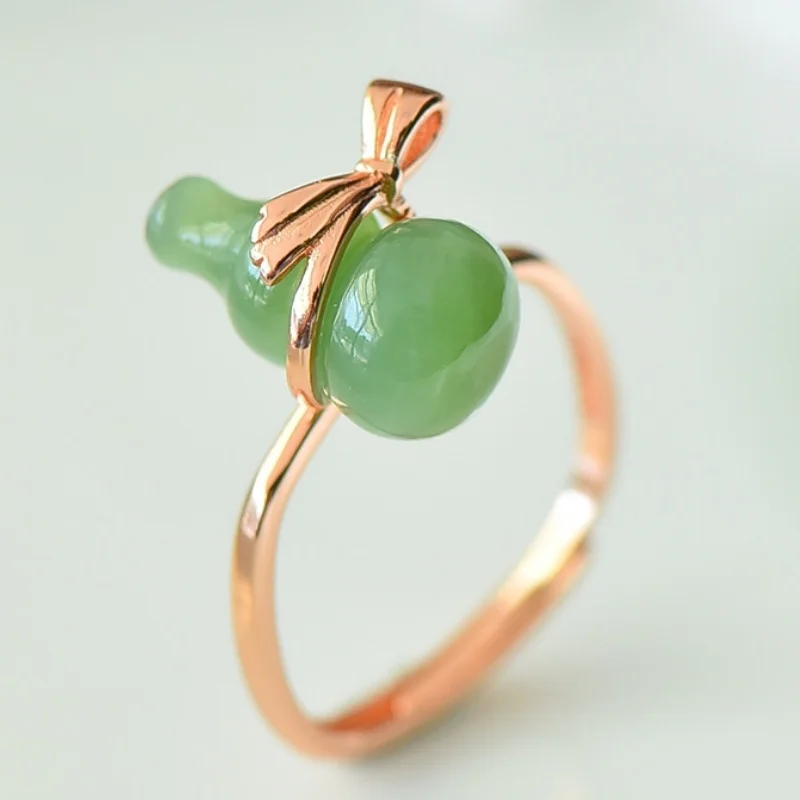 SGARIT Natural Hetian Green Jade S925 Silver Fortune Ring 12*14mm Unique Hulu Gourd Bow Square Design Fine Texture Jadeite