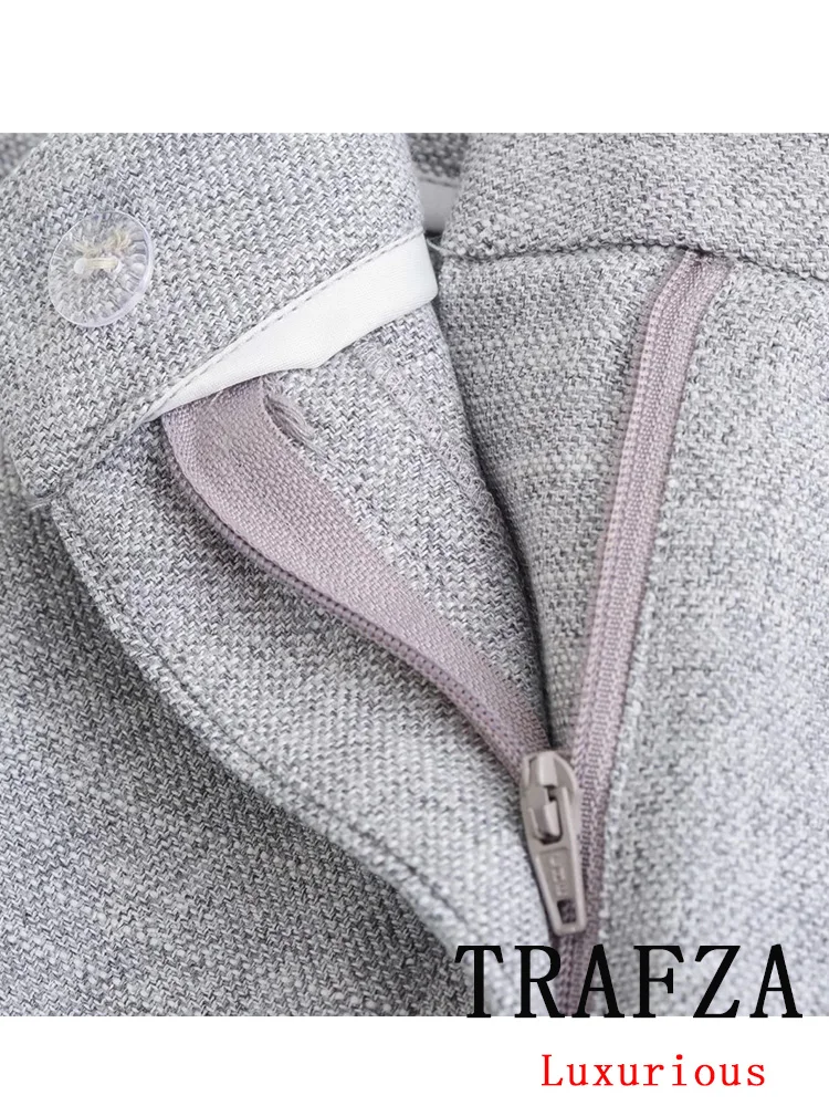 TRAFZA-traje de oficina para mujer, Blazer de un solo pecho con cuello de pico, Pantalones rectos sueltos, conjunto de moda, color gris, 2024