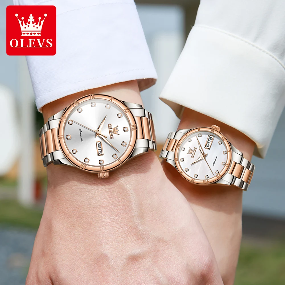 OLEVS-Montre mécanique automatique en acier inoxydable pour couple, montres pour amoureux, étanche, mode décontractée, originale, son et sa montre