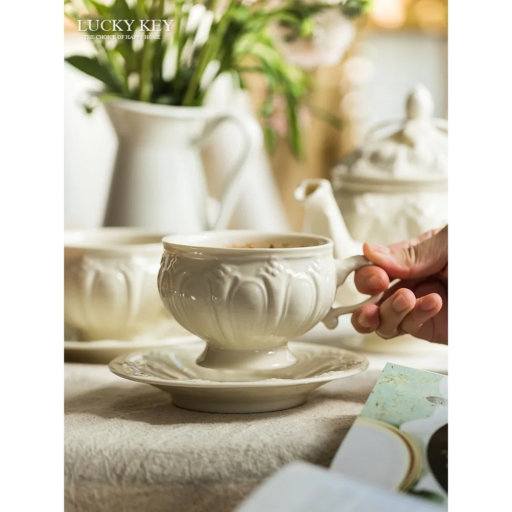 Lucky Key French Afternoon Tea Tea Set Embossed Coffee Cup Saucer Ceramic Cup Gift Box