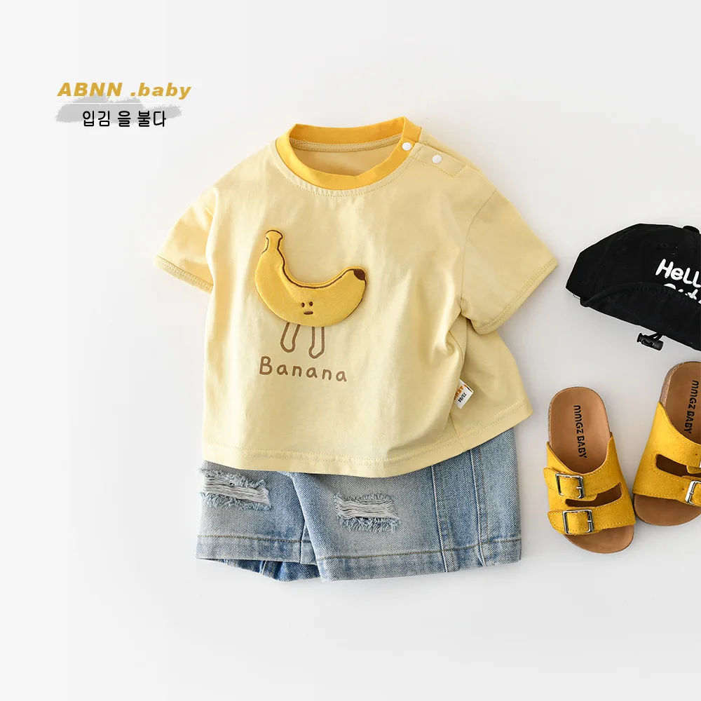 Baby Summer Banana Print Short Sleeve T-Shirt Cute Cartoon Crew Neck Soft Cotton Breathable Infant Casual Daily Outdoor Wear