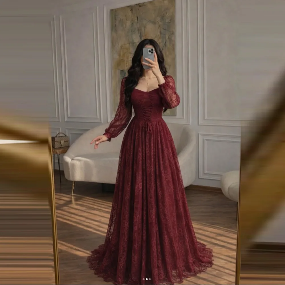 

Customized A Line Evening Dress With Long Sleeves Burgundy Lace Square Neck Party Prom Dresses For Women