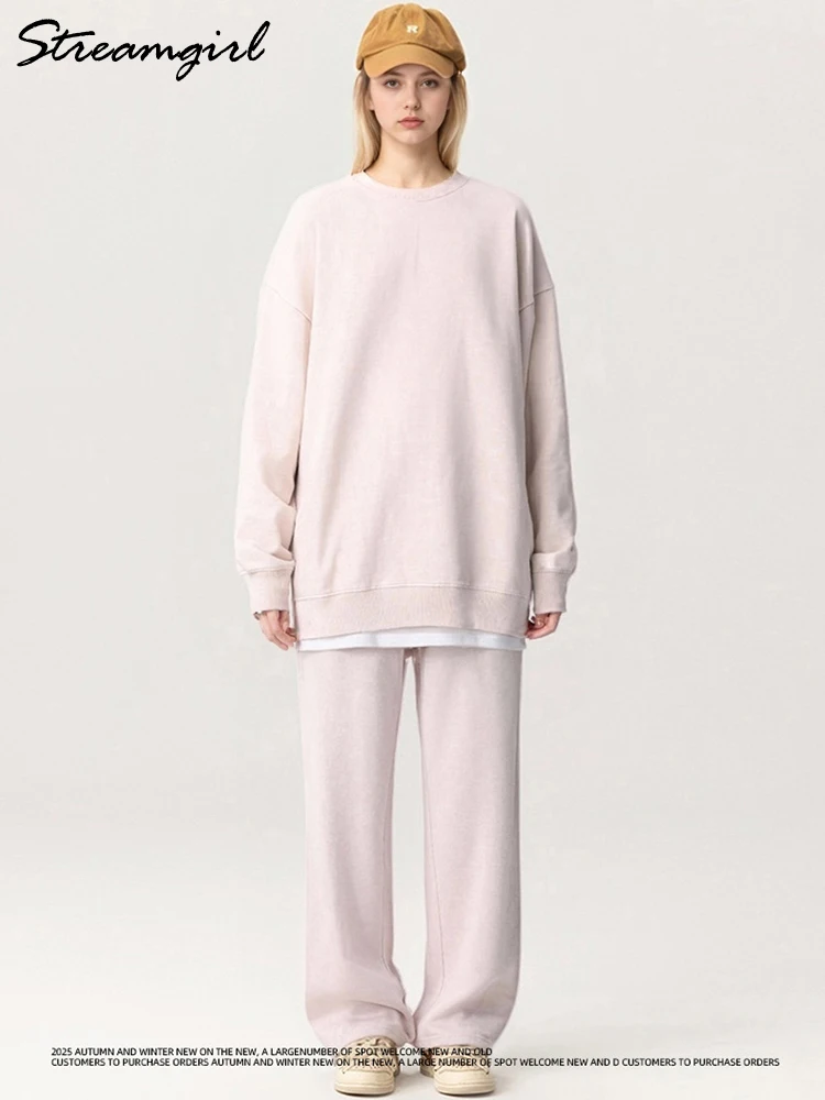 Oversized Washed Pants Sets Women 2 Piece Outfit Cotton Green Tracksuit Loose Sweatshirts Set Round Neck Sweatpants For Women