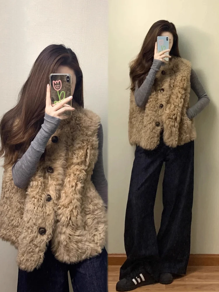 Vintage Faux Fur Vest Curly Fur Horn Button Gilet Women's Fall Winter Korean Elegant Soft Layering Vest Retro Fur Waistcoat