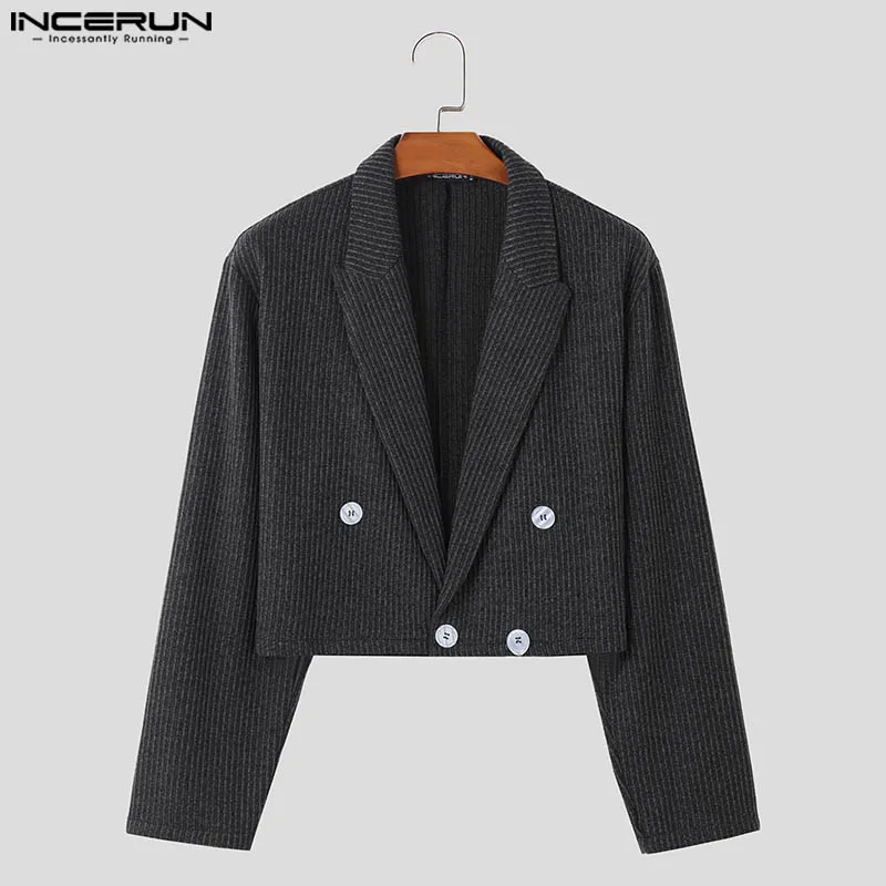 INCERUN Men Blazer Striped Lapel Long Sleeve Streetwear Double Breasted Casual Suits Men 2024 Autumn Fashion Crop Coats S-5XL