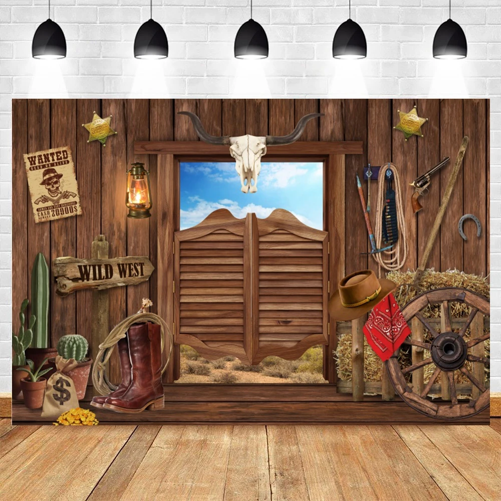 Western Cowboy Backdrop for Photography Wild West Rustic Farm Barn Wooden House Birthday Party Kids Portrait Photo Background