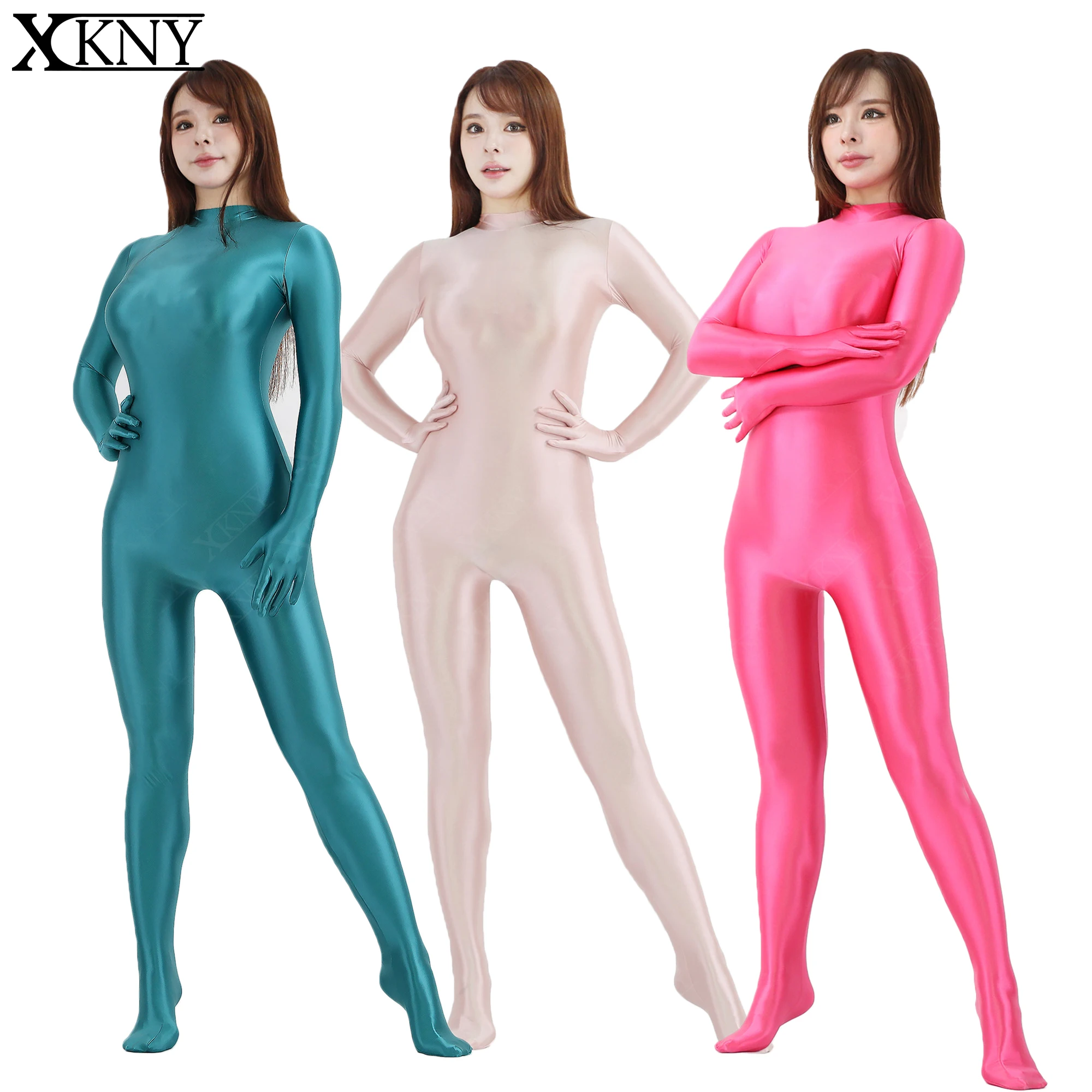 XClocKNYoung satin glossy bodysuit High Neck Long Sleeve with gloves full body tights back Zipper Oil Silk diving suit