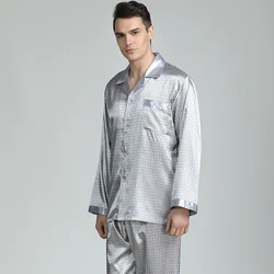 Pijama cetim masculino manga longa, pijama de seda gelo estampado, primavera, verão, roupas de casa plus size, pijamas masculinos, alta qualidade