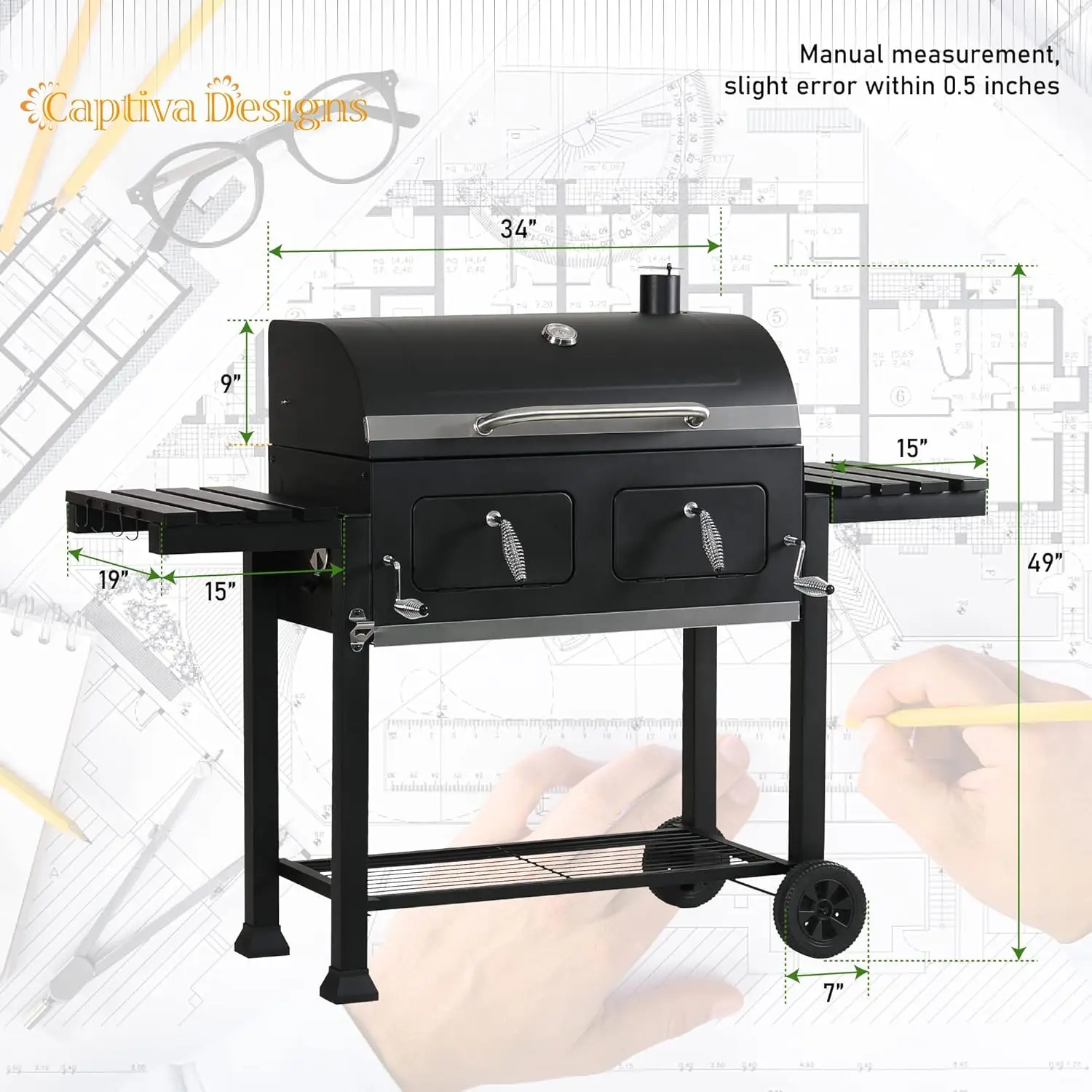 Extra Large Charcoal BBQ(794 SQIN), Outdoor Cooking Grill with 2 Individual Lifting Charcoal Trays and 2 Foldable Side Tables