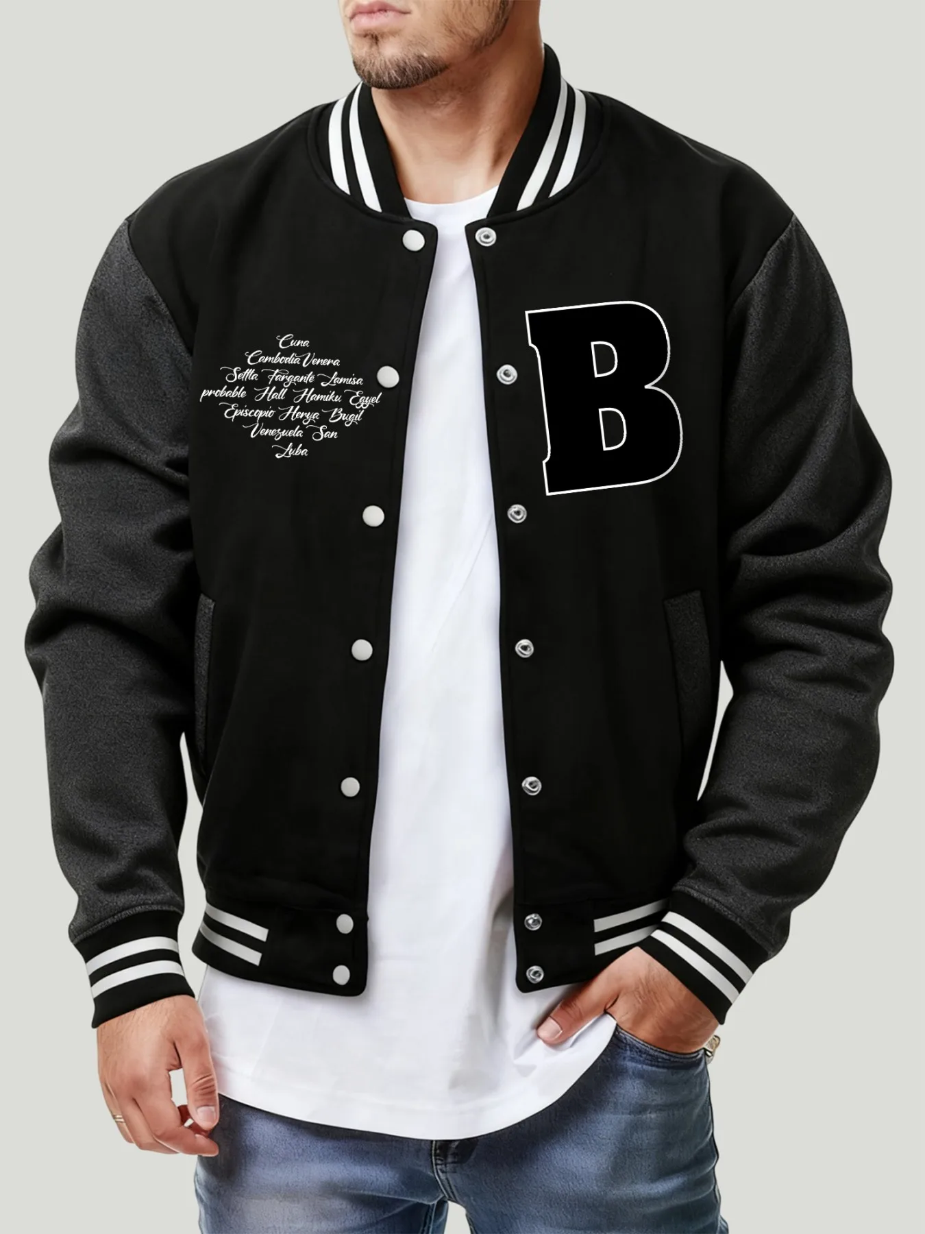Letter B Various Places Print Men Jacket Fashion Loose Baseball Jersey Soft Casual Streetwear Autumn Fleece Male Clothing