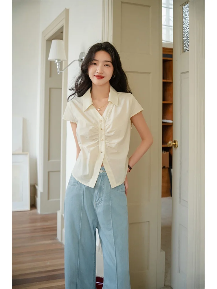 

Женская летняя хлопковая блузка с уникальным дизайном, застежкой на пуговицы, приталенная, с эффектом утягивания талии, в стиле французского кэжуал