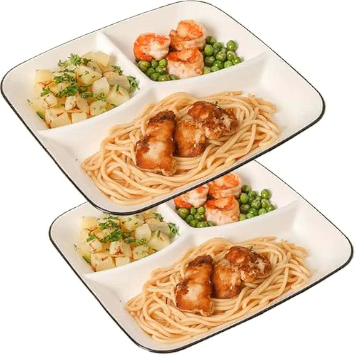 Ceramic Portion-Control Dinner Plate Set 2 pcs Square 9.9 Inch with Three Ergonomic Compartments Golden Ratio Layout Microwave D
