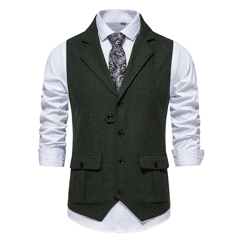 Men Suit Vest Herringbone Fabric Waistcoat Business Wedding Casual Turndown  Collar Men\'s Dress Blazer Vests Formal Party V07