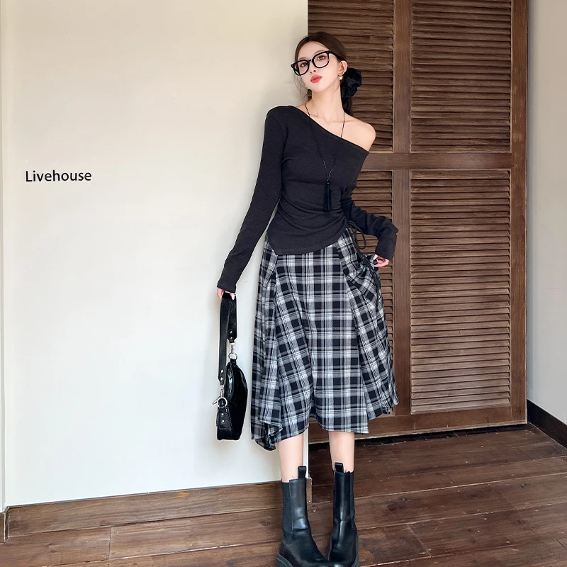 

Осенний корейский уличный модный комплект из 2 предметов, женский комплект с открытыми плечами, асимметричный топ на шнурке + клетчатая юбка с высокой талией, шикарный комплект