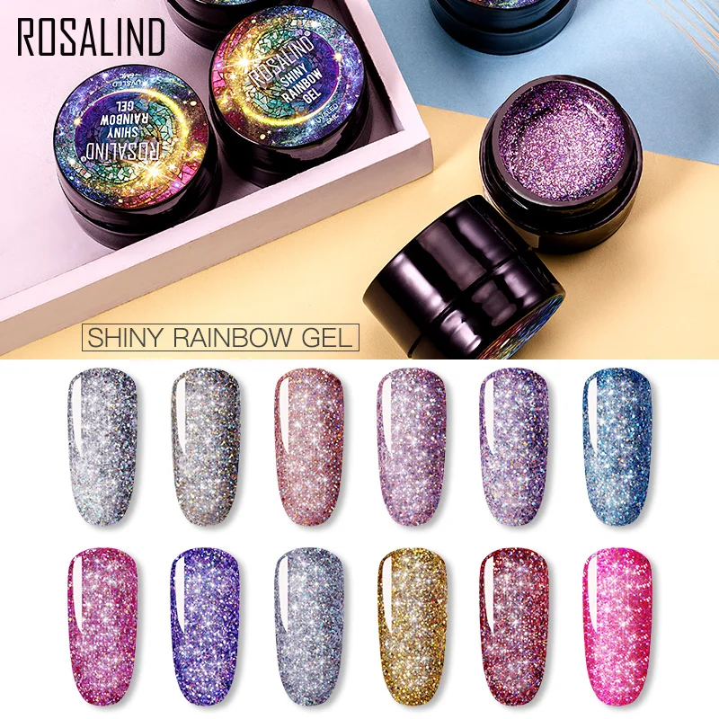 ROSALIND 5ml Rainbow Shiny Nail Gel Semi Permanent Gel Hybrid Varnishes Need Top Base Coat Diamond Glitter Gel Polish Nail Art