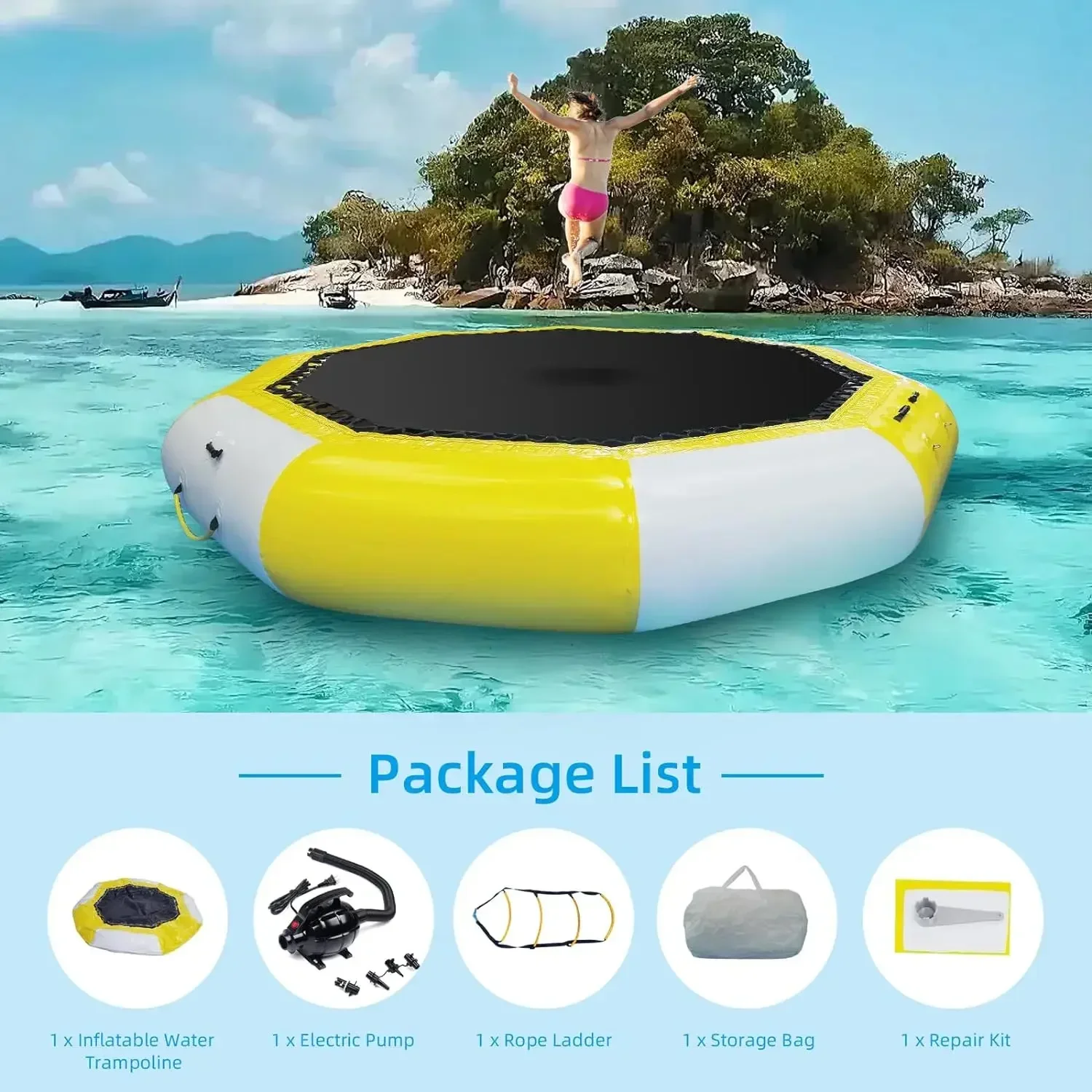 10FT/12FT Water Bouncer Floating Rebounder Trampoline Inflatable Water Trampoline with Electric Pump and Rope Ladder