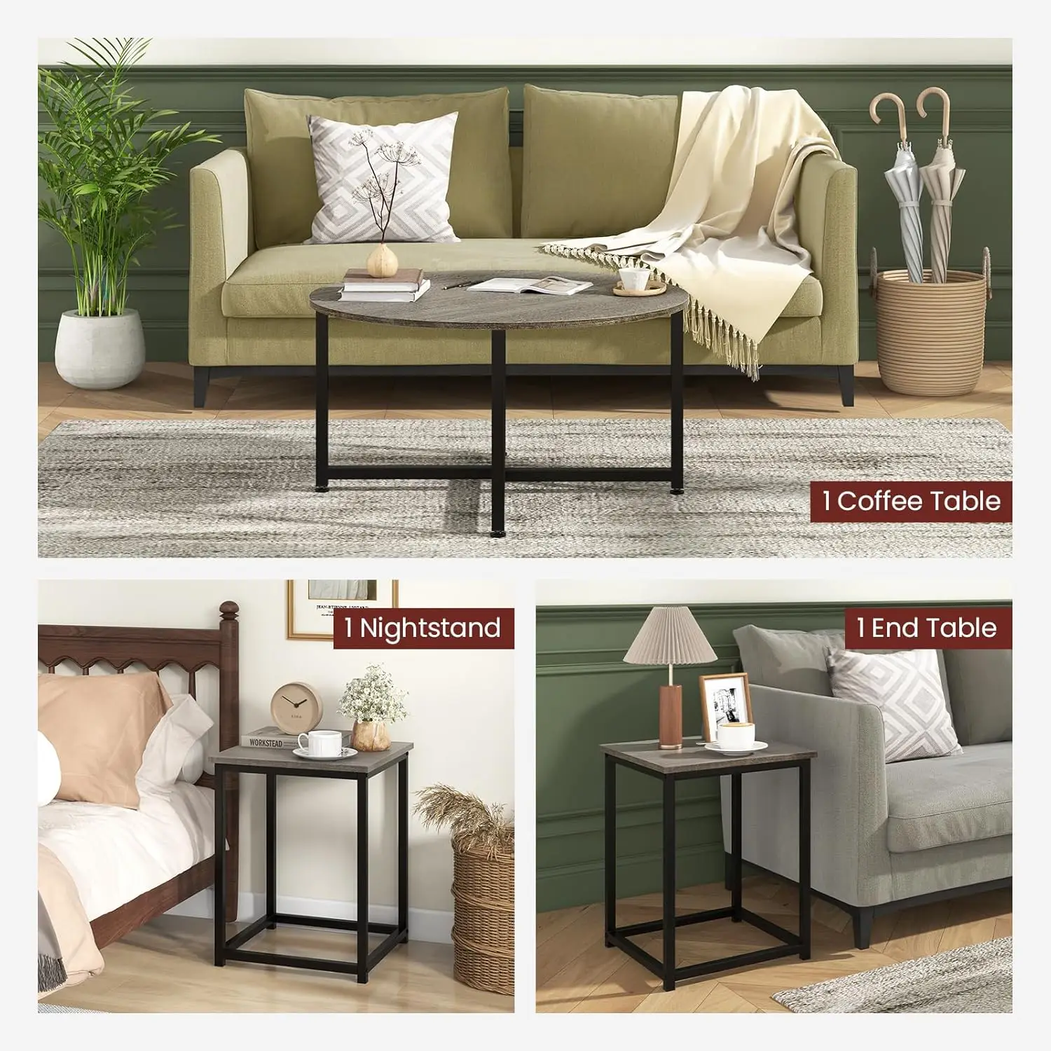 Round Nesting Table Set Of 3, Farmhouse Coffee Table W/2 End Tables, Sturdy Metal Frame, 3-Piece Wooden Living Room Table Set Fo