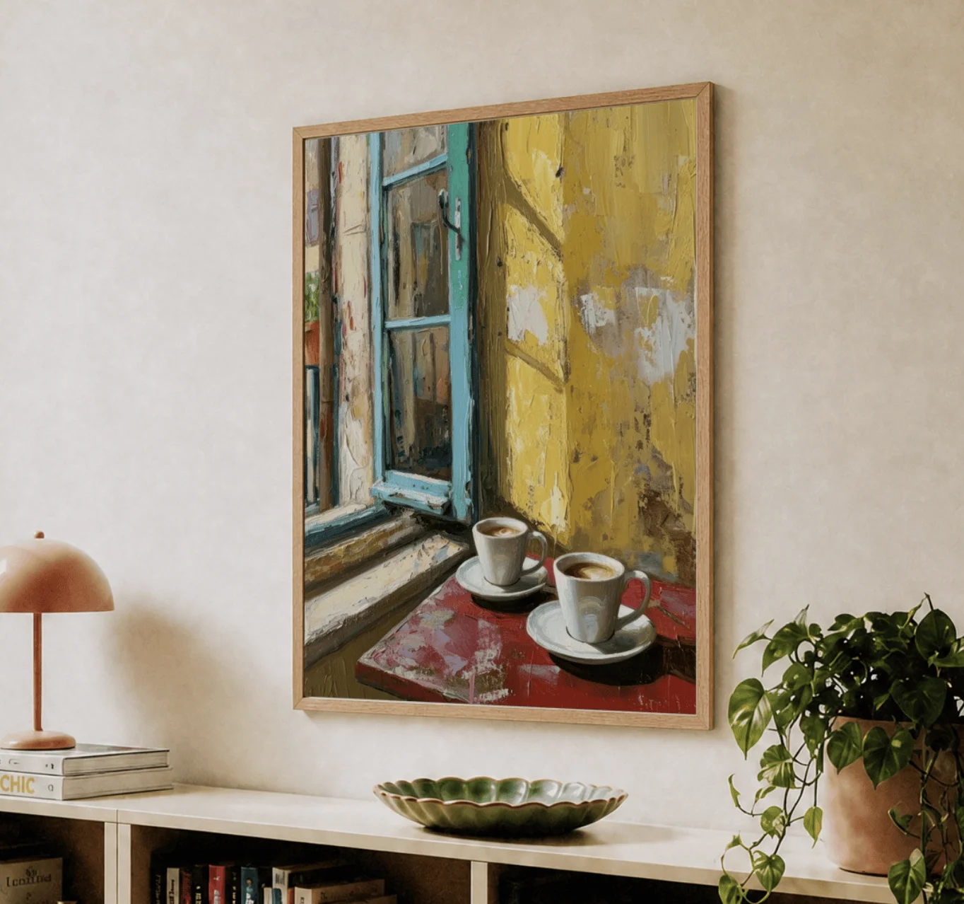 European Window Coffee Wall Art Canvas Prints, Vintage Oil Posters, Rustic Cafe Decor for Living Room Bedroom Wall Decor