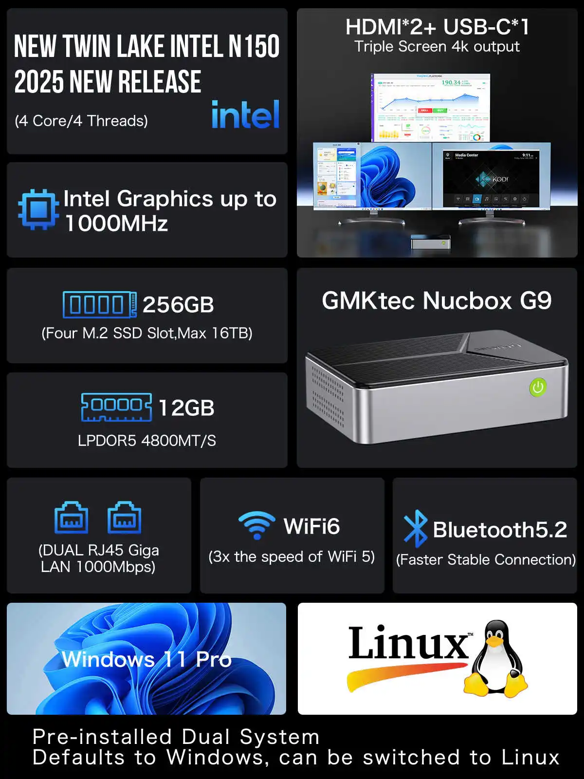 GMKtec NucBox G9 Intel N150 4-Bay NAS Router Mini PC مع Firewall 2.5G Homelab Server WiFi6 12G LPDDR5 64GB eMMC Ubuntu OS