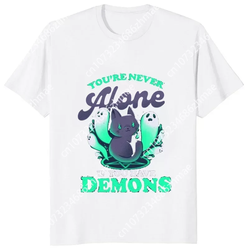 Kawaii Cat Demon Evil Satan Printed T Shirt Youre Never Alone If You Have Demons Tshirt Hail Baphomet Horror Man Tops Women Tees