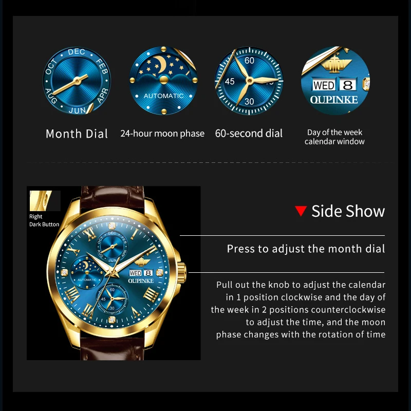 OUPINKE 3300 Mens Watch Original Mechanical Watch Waterproof Luminous Moon Phase Watches Luxury Men Dual Calendar Display Reloj