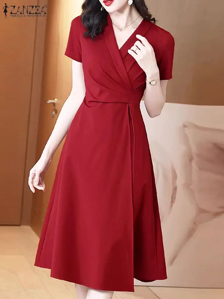 ZANZEA Elegant Women Pleated Dress 2024 Summer Short Sleeve Collect Waist Robe Vintage Party Vestidos Office Lady Korean Dresses