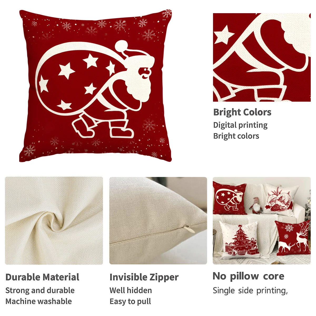 1/4pcs Christmas decoration sofa cushion cover, Christmas tree Santa Claus reindeer snowflake decoration pillow cover