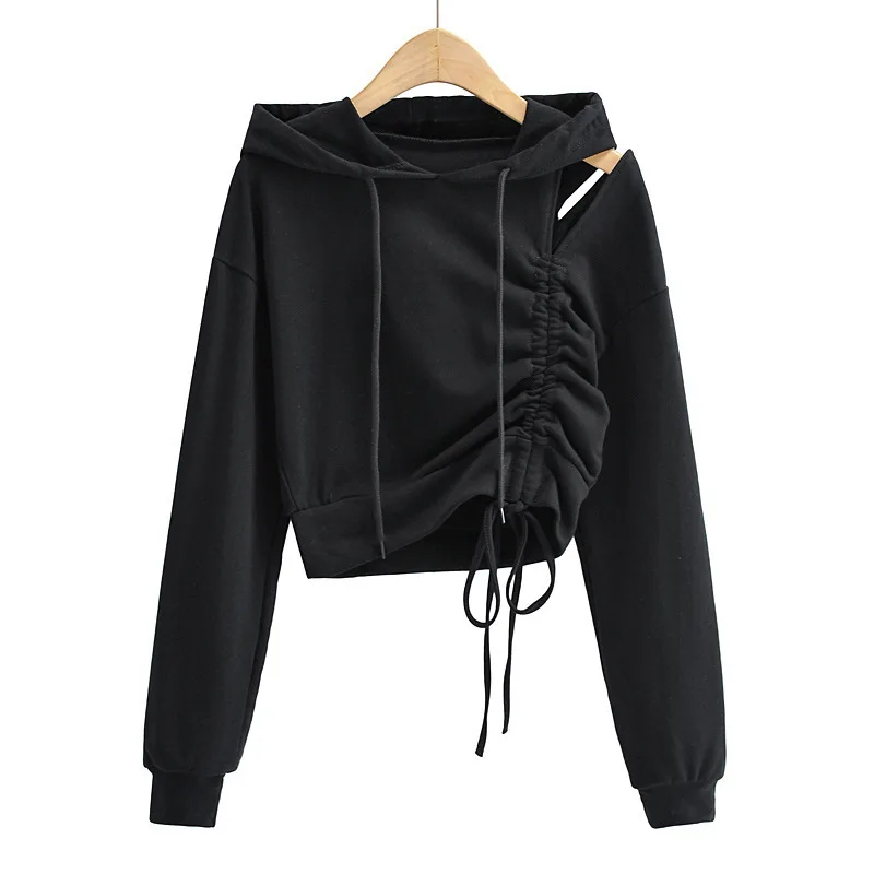 Irregual Lace Up Women\'s Hoodies 2023 Spring New Korean Style Casual Fashion Female Pullovers Solid Color O-Neck Tops Tees