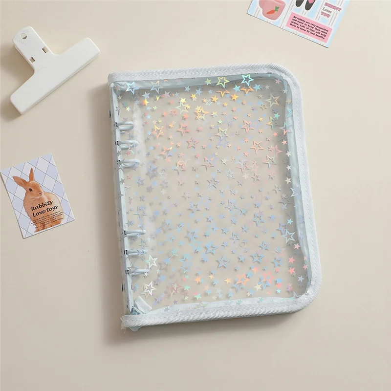 A19E-A5 Budget Binder Cover With Zipper, Glitter Stars A5 6 Ring Binder Planner, Clear PVC Refillable Notebook Shell