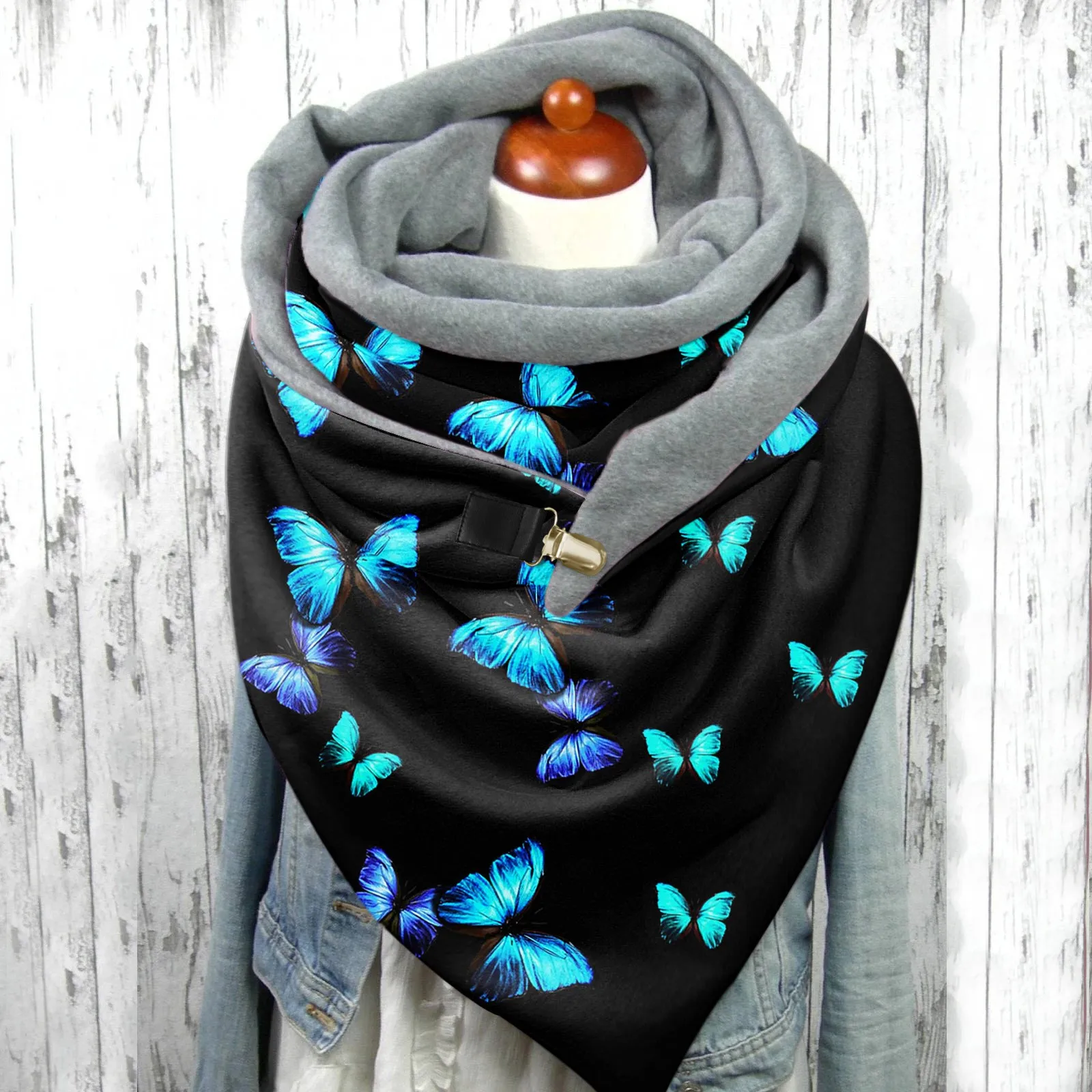 Autumn Winter Woman Scarf Universal Autumn Warm Batterfly Print Double-layer Buckle Scarves Outdoors Warm shawl foulard